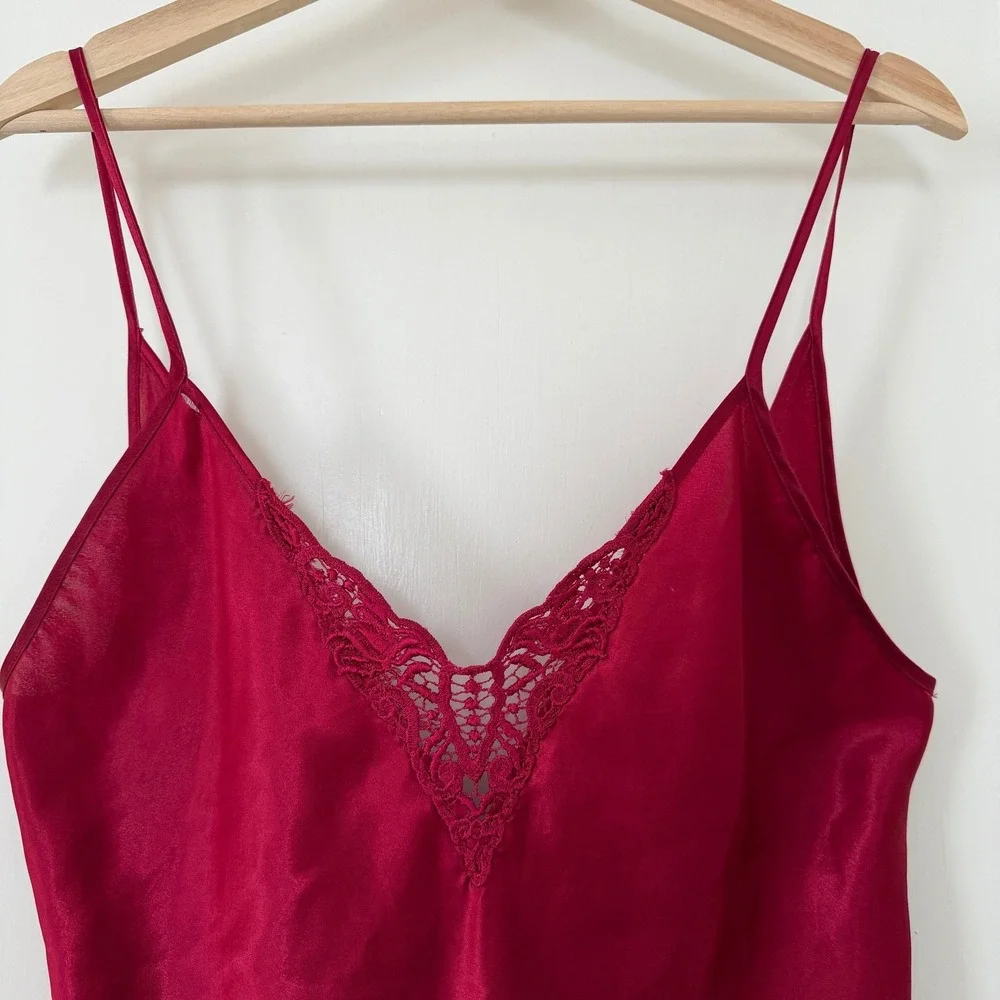 Vntg Intimate Affair Red Satin Lace Trim Nightgown‎ Slip Dress L: Boho, 90's